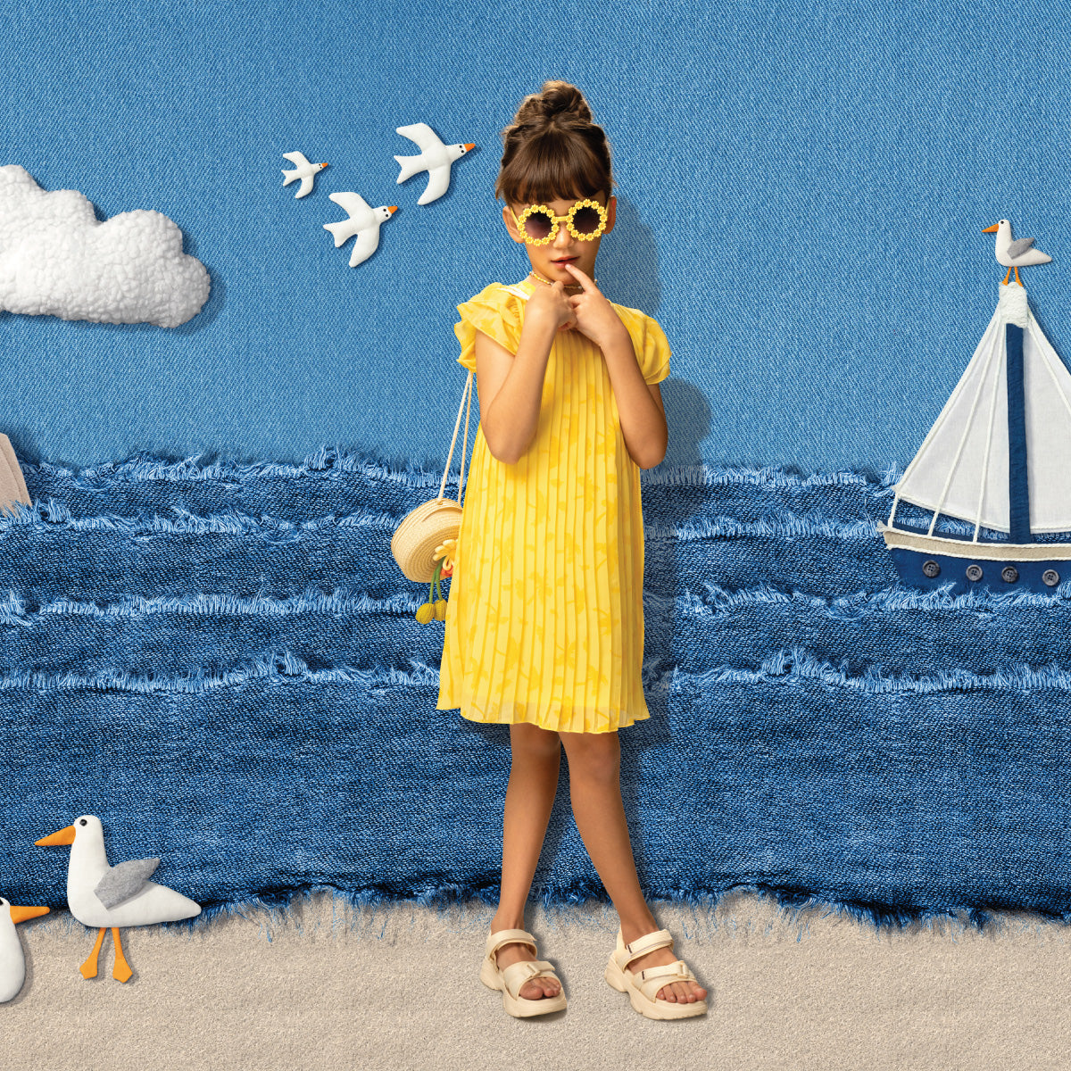 Baby Girls Leaf Print Pleated Dress, Yellow