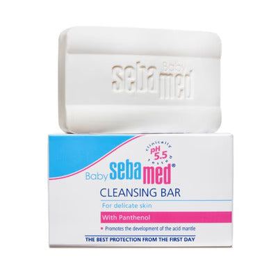 Sebamed baby cleansing bar with packaging on a white background
