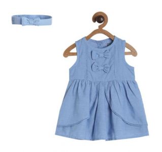 Girls Blue Chambray Dress With Hairband 