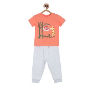 Pack of 2 t-shirt and knit bottom set - coral red & light grey
