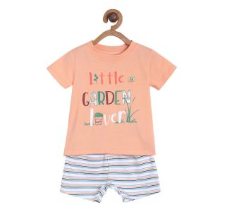 Pack of 2 tee and shorts set - peach & white and blue