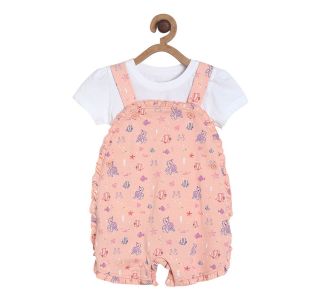 White Solid Tee With All Over Printed Pink Knit Dungaree