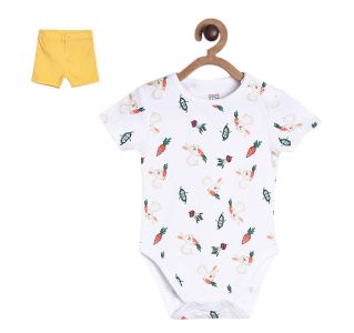 All Over Printed Cute Bunny Bodysuit With Yellow Knit Shorts